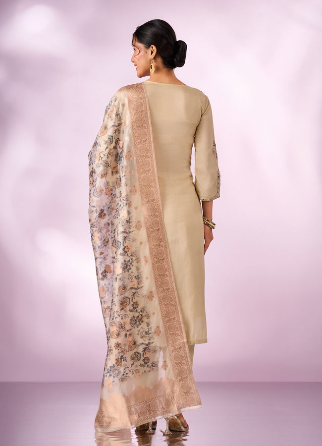 Mohey Women Cream Silk Stitched Suit with Hand Embroidery