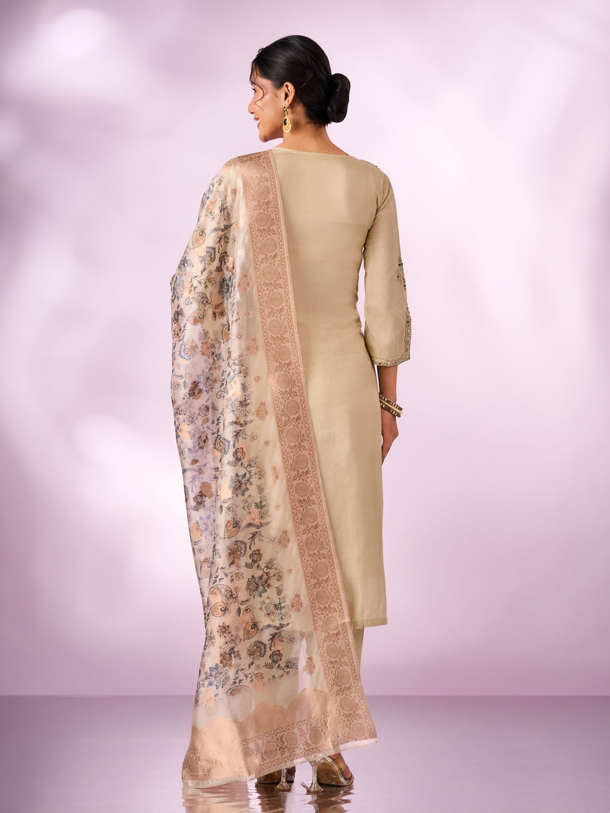 Mohey Women Cream Silk Stitched Suit with Hand Embroidery