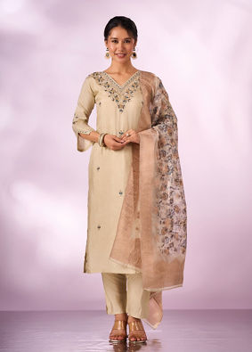 Mohey Women Cream Silk Stitched Suit with Hand Embroidery