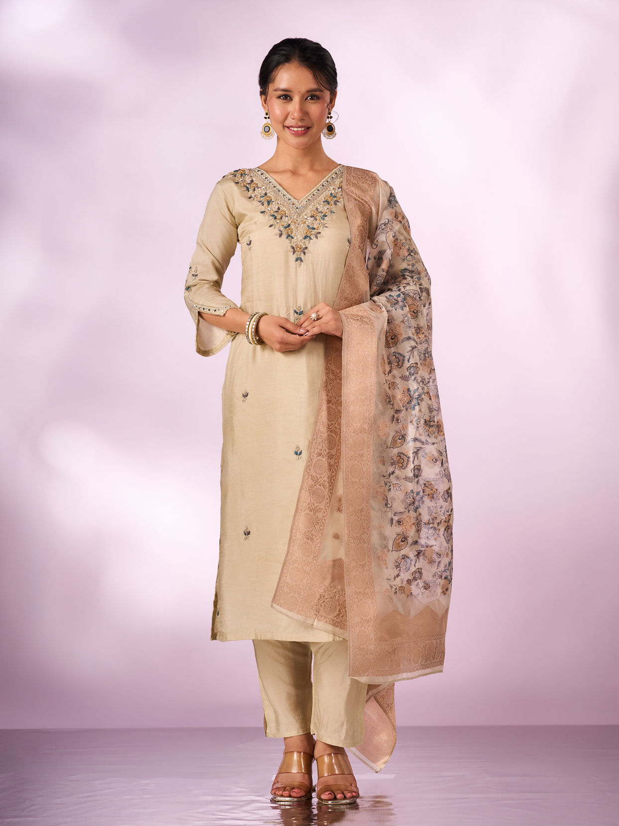 Mohey Women Cream Silk Stitched Suit with Hand Embroidery