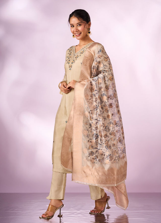 Mohey Women Cream Silk Stitched Suit with Hand Embroidery