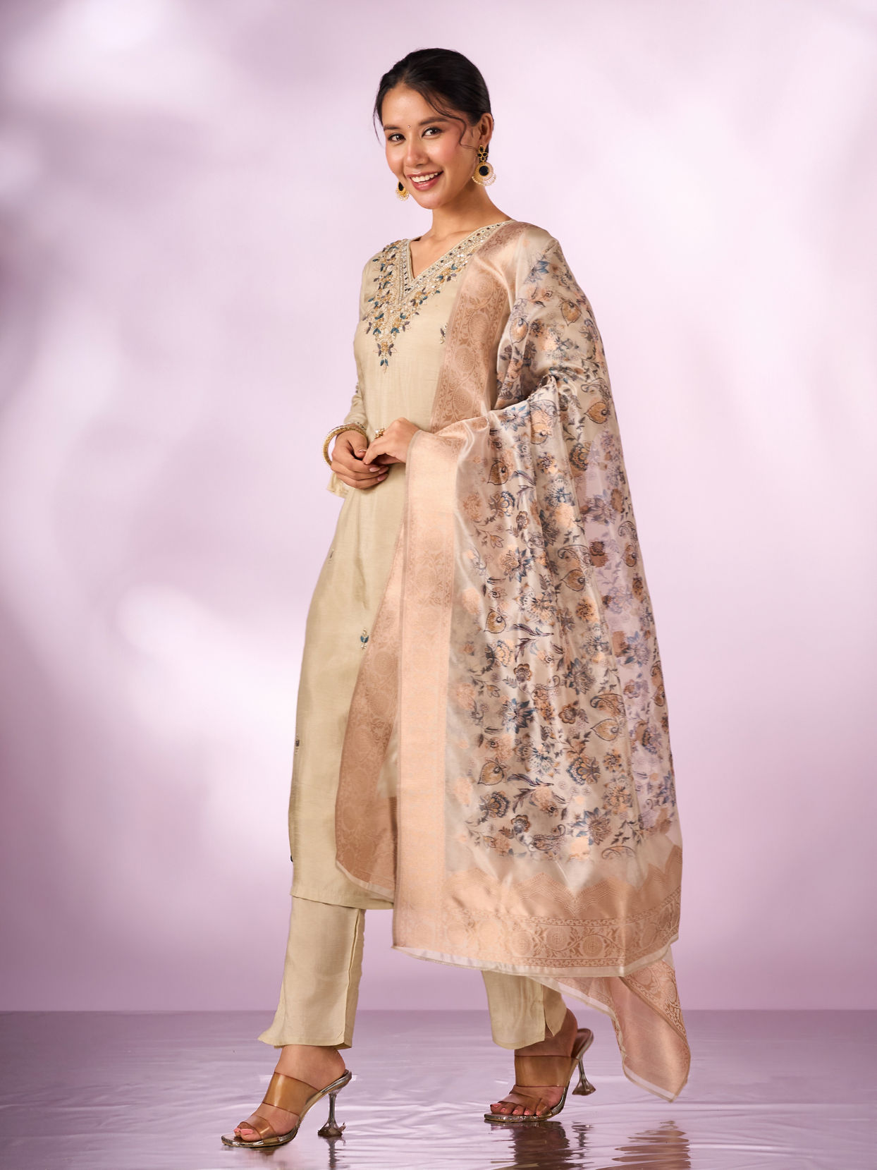 Mohey Women Cream Silk Stitched Suit with Hand Embroidery