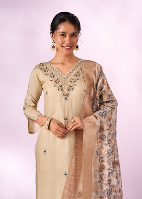 Mohey Women Cream Silk Stitched Suit with Hand Embroidery