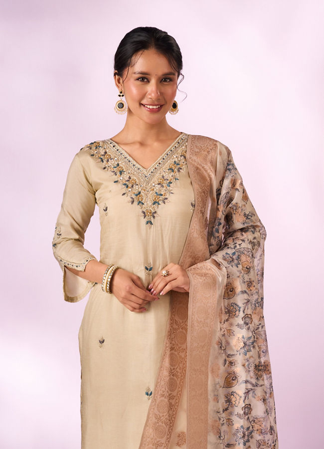 Mohey Women Cream Silk Stitched Suit with Hand Embroidery
