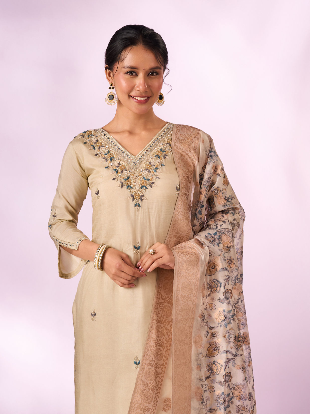 Mohey Women Cream Silk Stitched Suit with Hand Embroidery
