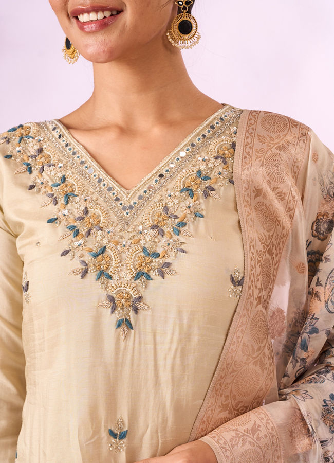 Mohey Women Cream Silk Stitched Suit with Hand Embroidery
