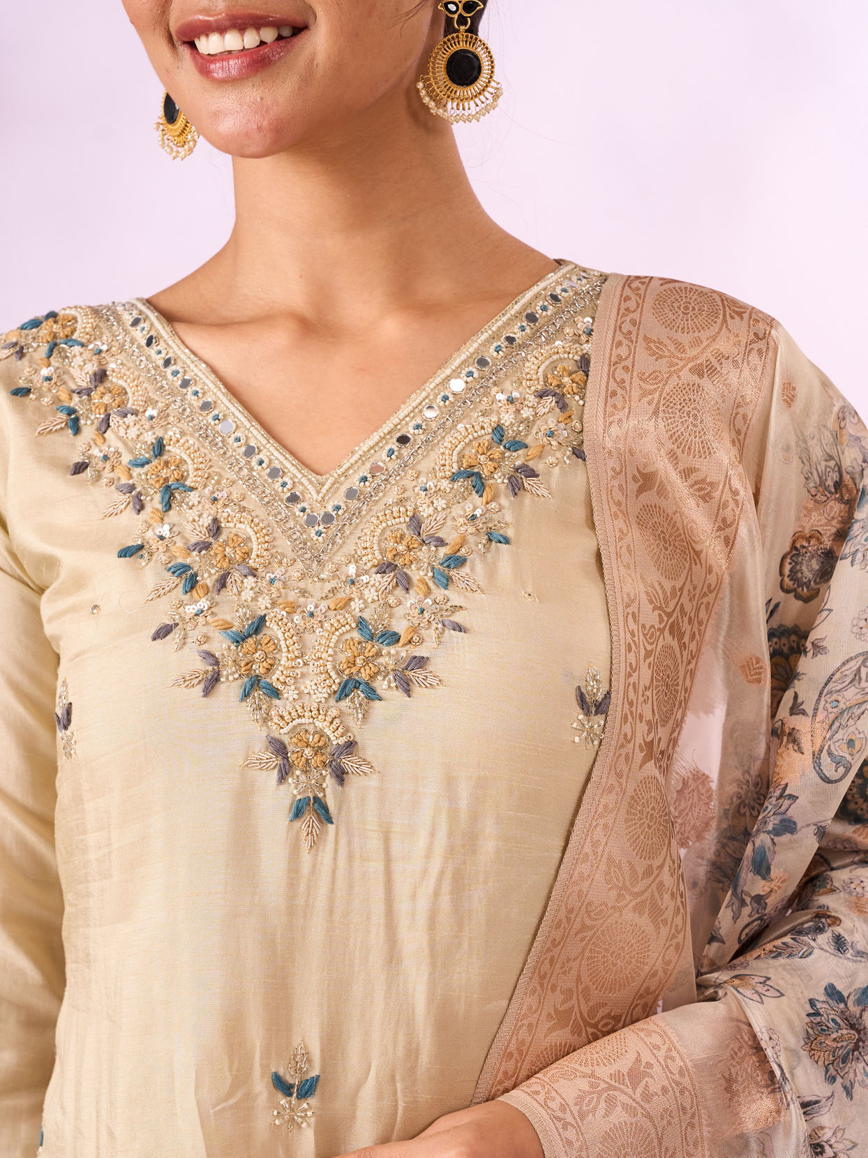 Mohey Women Cream Silk Stitched Suit with Hand Embroidery