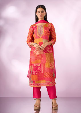 Mohey Women Pink Chinon Stitched Suit with Hand Embroidery
