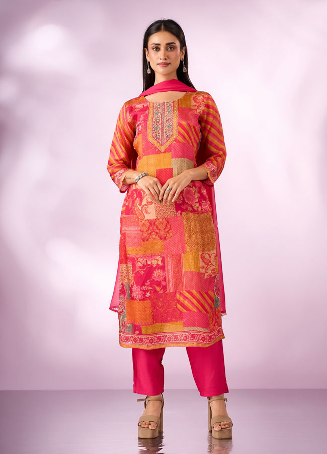 Mohey Women Pink Chinon Stitched Suit with Hand Embroidery