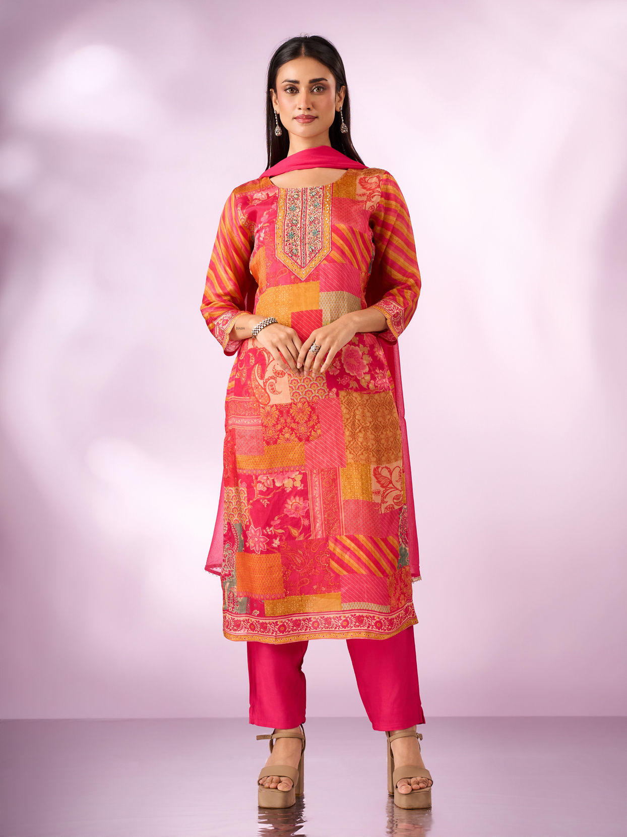 Mohey Women Pink Chinon Stitched Suit with Hand Embroidery