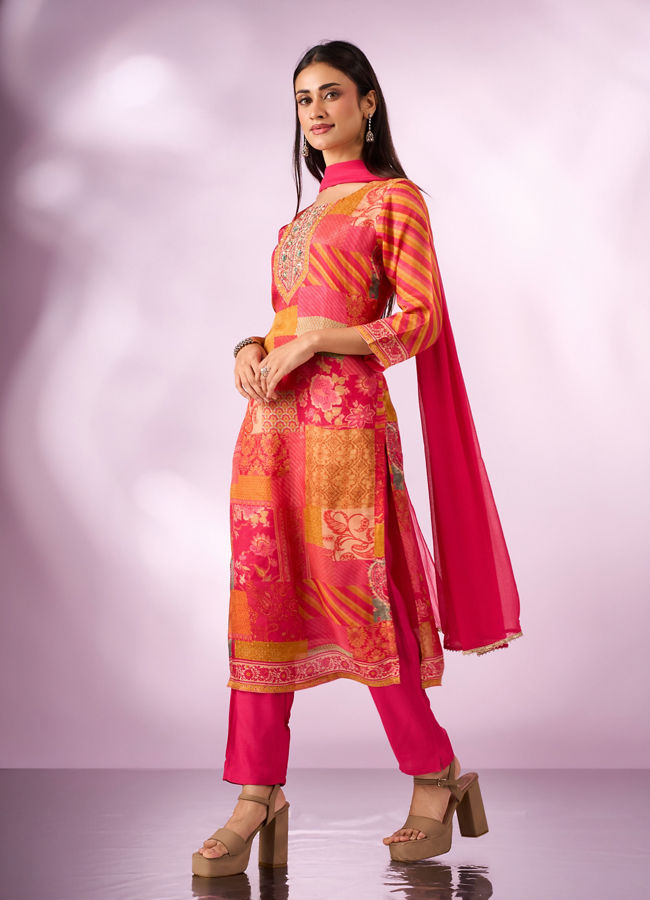 Mohey Women Pink Chinon Stitched Suit with Hand Embroidery