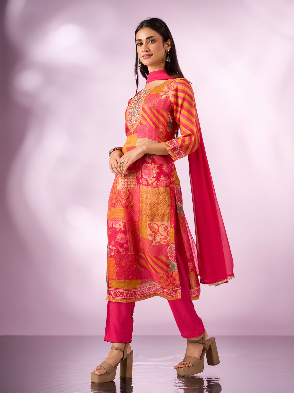 Mohey Women Pink Chinon Stitched Suit with Hand Embroidery