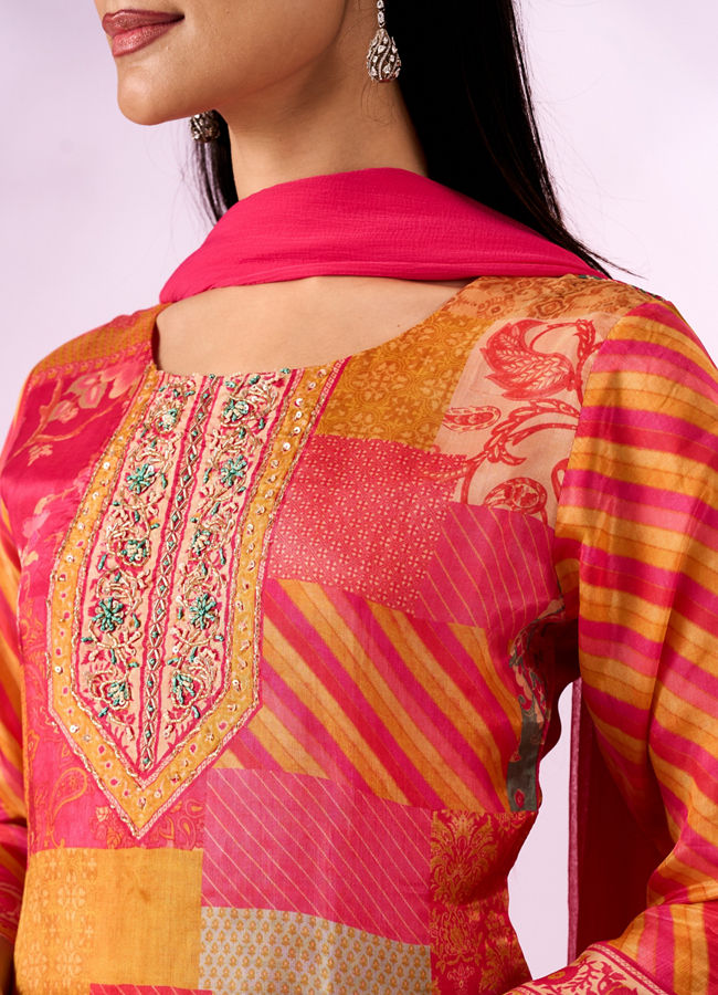 Mohey Women Pink Chinon Stitched Suit with Hand Embroidery