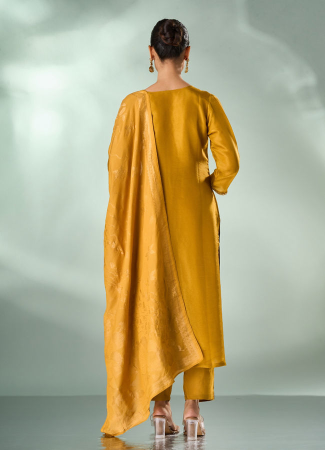 Mohey Women Mustard Yellow Tissue Stitched Suit with Embroidery