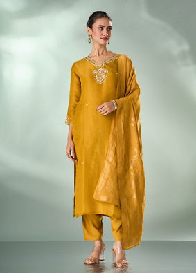 Mohey Women Mustard Yellow Tissue Stitched Suit with Embroidery