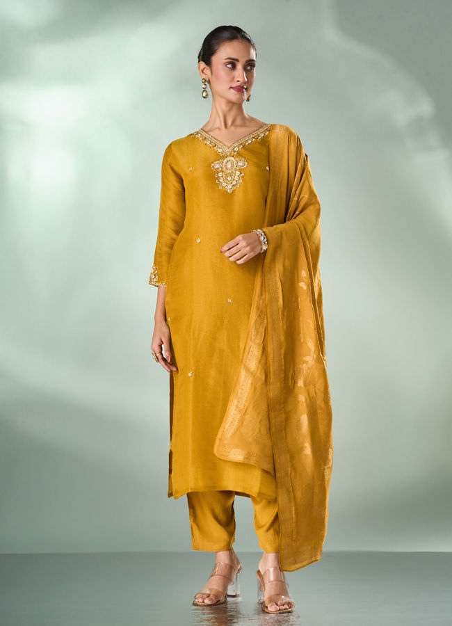 Mohey Women Mustard Yellow Tissue Stitched Suit with Embroidery