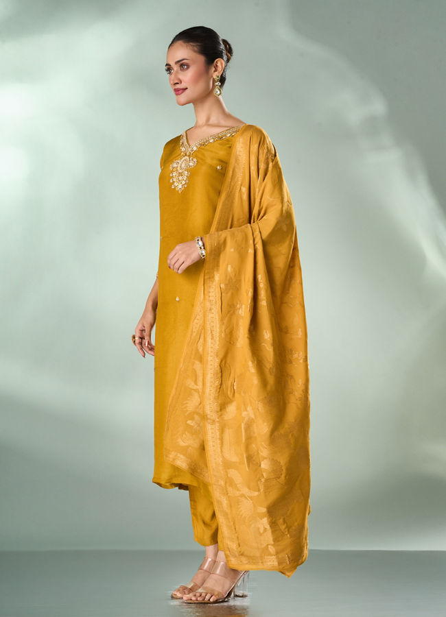 Mohey Women Mustard Yellow Tissue Stitched Suit with Embroidery