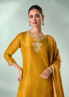 Mohey Women Mustard Yellow Tissue Stitched Suit with Embroidery