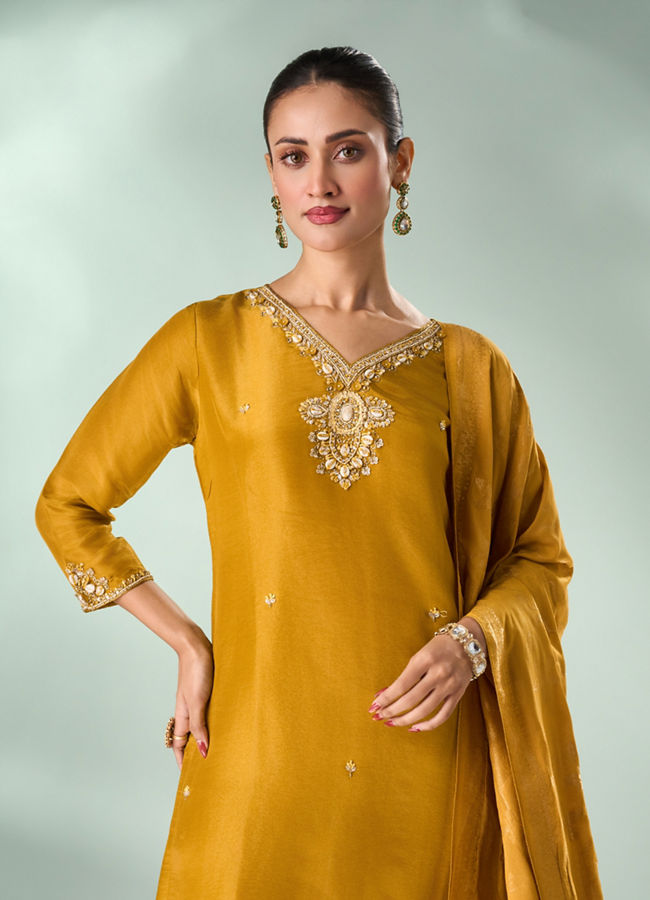 Mohey Women Mustard Yellow Tissue Stitched Suit with Embroidery