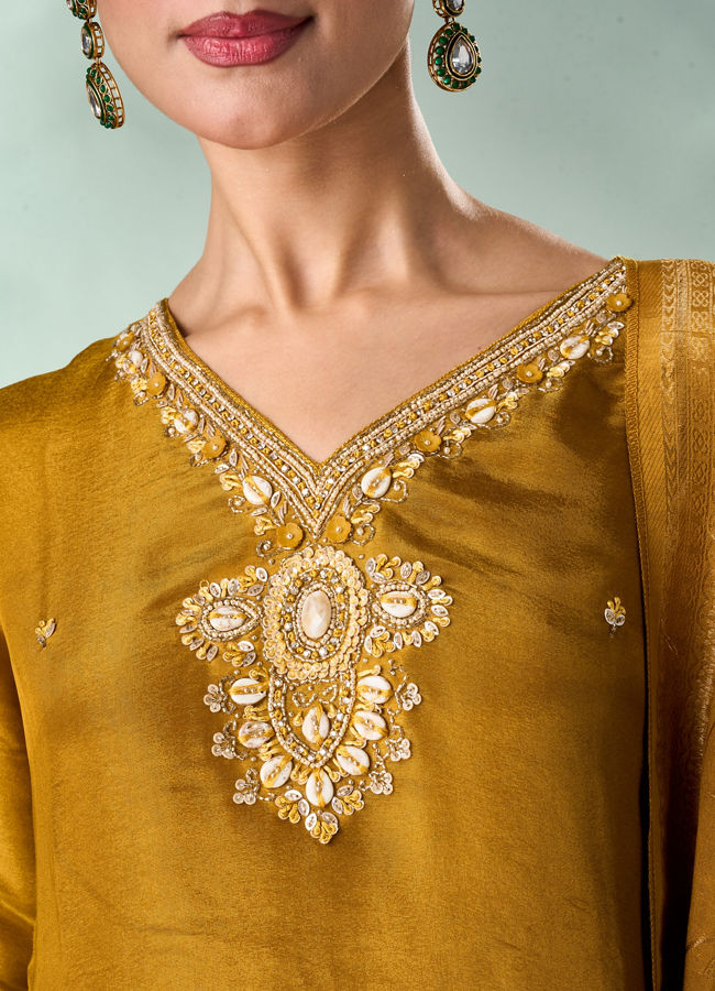 Mohey Women Mustard Yellow Tissue Stitched Suit with Embroidery