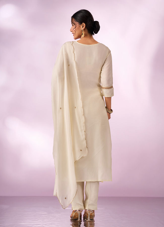 Mohey Women Cream Silk Stitched Suit with Embroidery