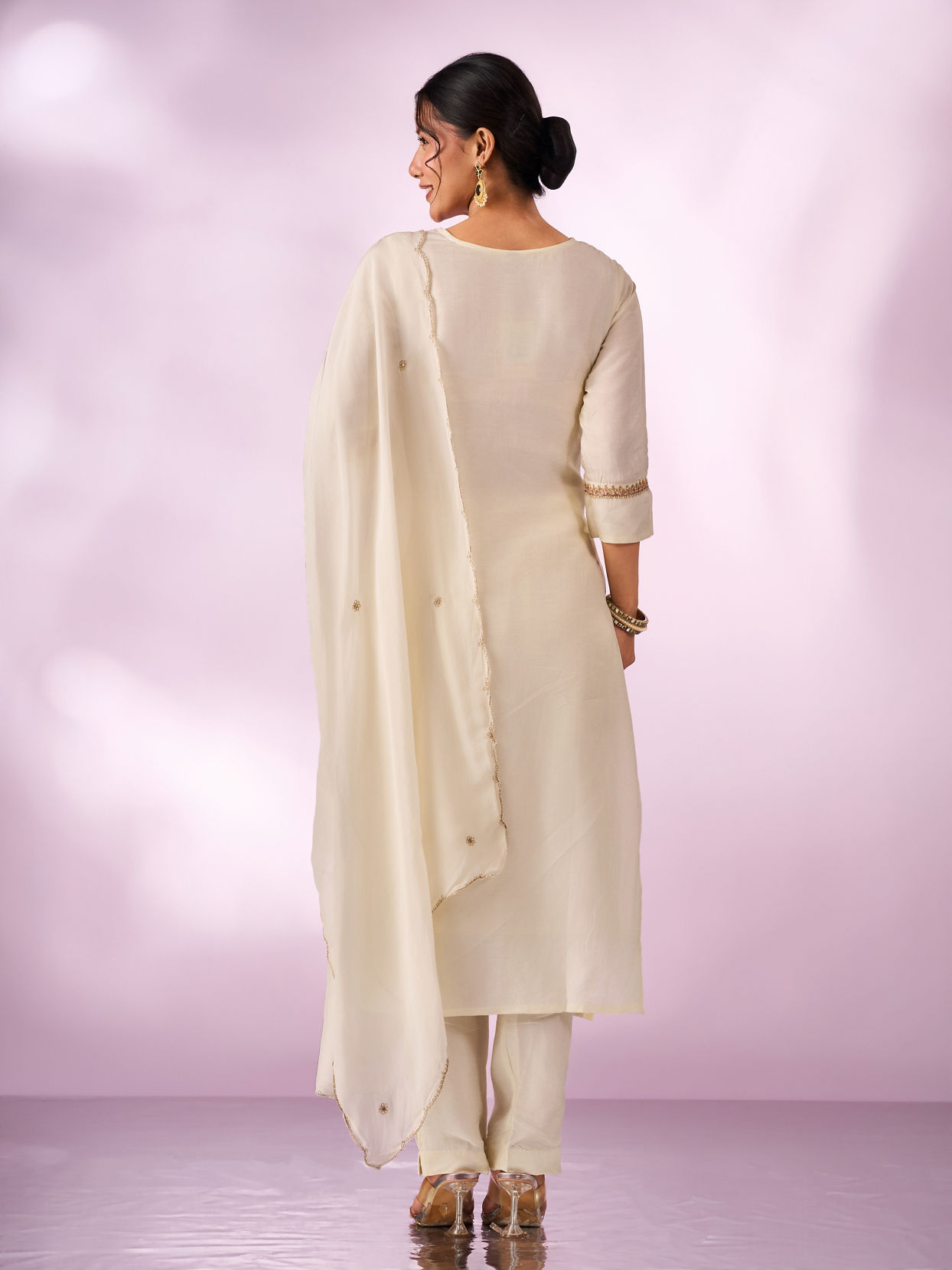 Mohey Women Cream Silk Stitched Suit with Embroidery