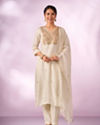 Mohey Women Cream Silk Stitched Suit with Embroidery