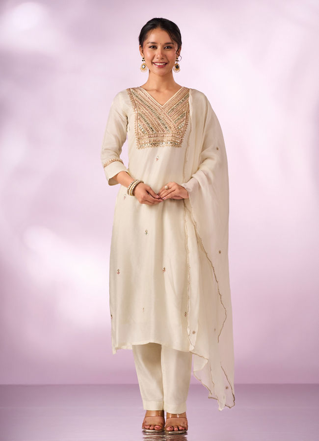 Mohey Women Cream Silk Stitched Suit with Embroidery