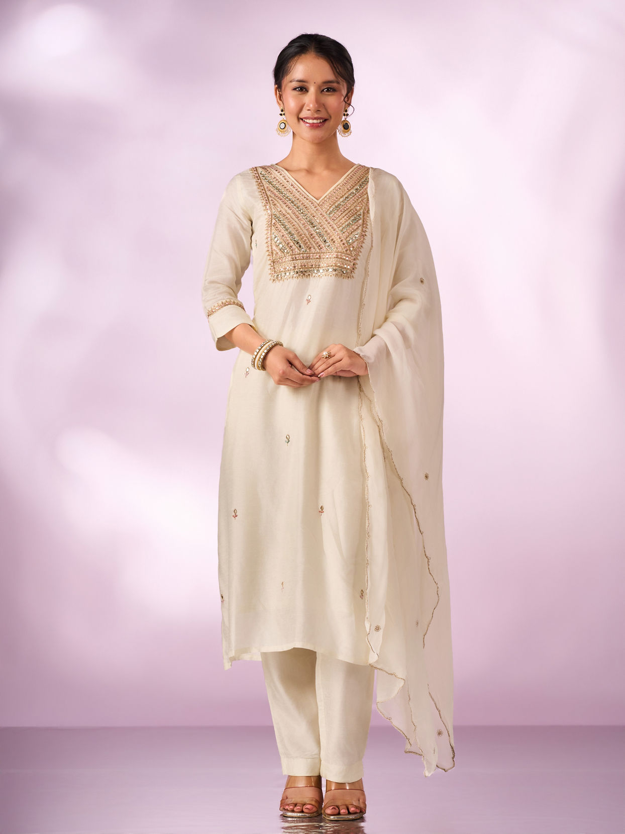 Mohey Women Cream Silk Stitched Suit with Embroidery