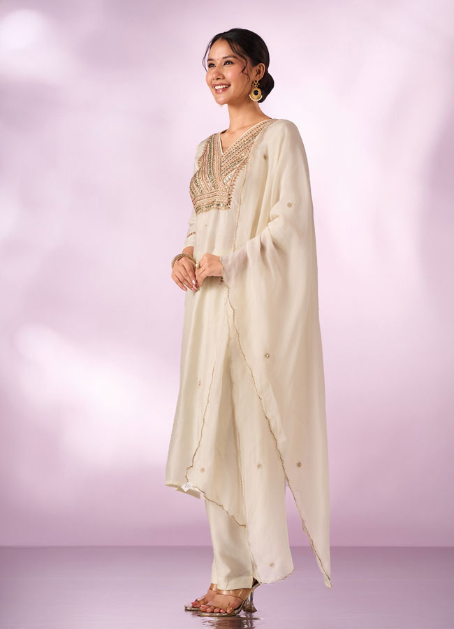 Mohey Women Cream Silk Stitched Suit with Embroidery