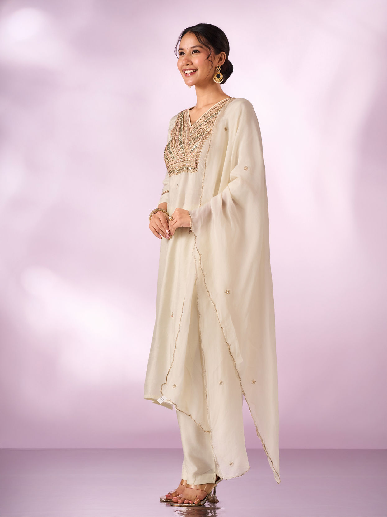 Mohey Women Cream Silk Stitched Suit with Embroidery