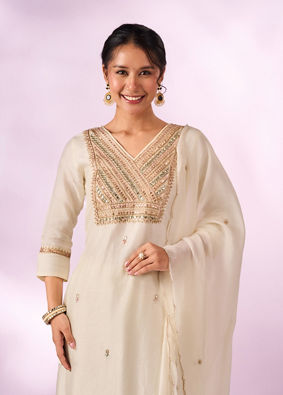 Mohey Women Cream Silk Stitched Suit with Embroidery