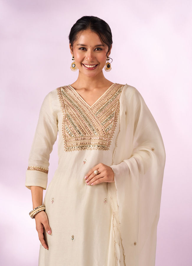 Mohey Women Cream Silk Stitched Suit with Embroidery