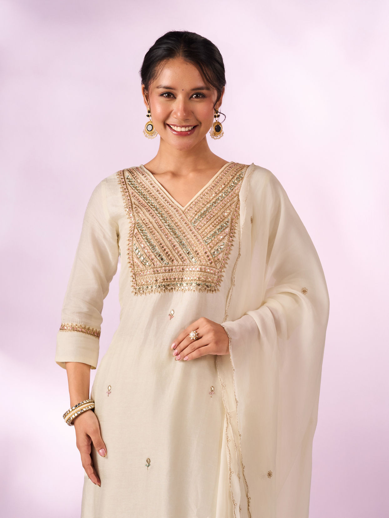 Mohey Women Cream Silk Stitched Suit with Embroidery