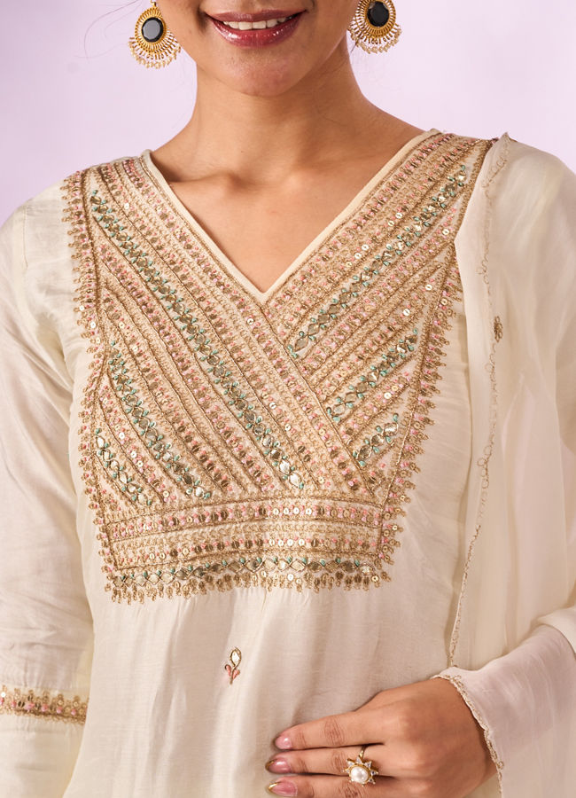 Mohey Women Cream Silk Stitched Suit with Embroidery