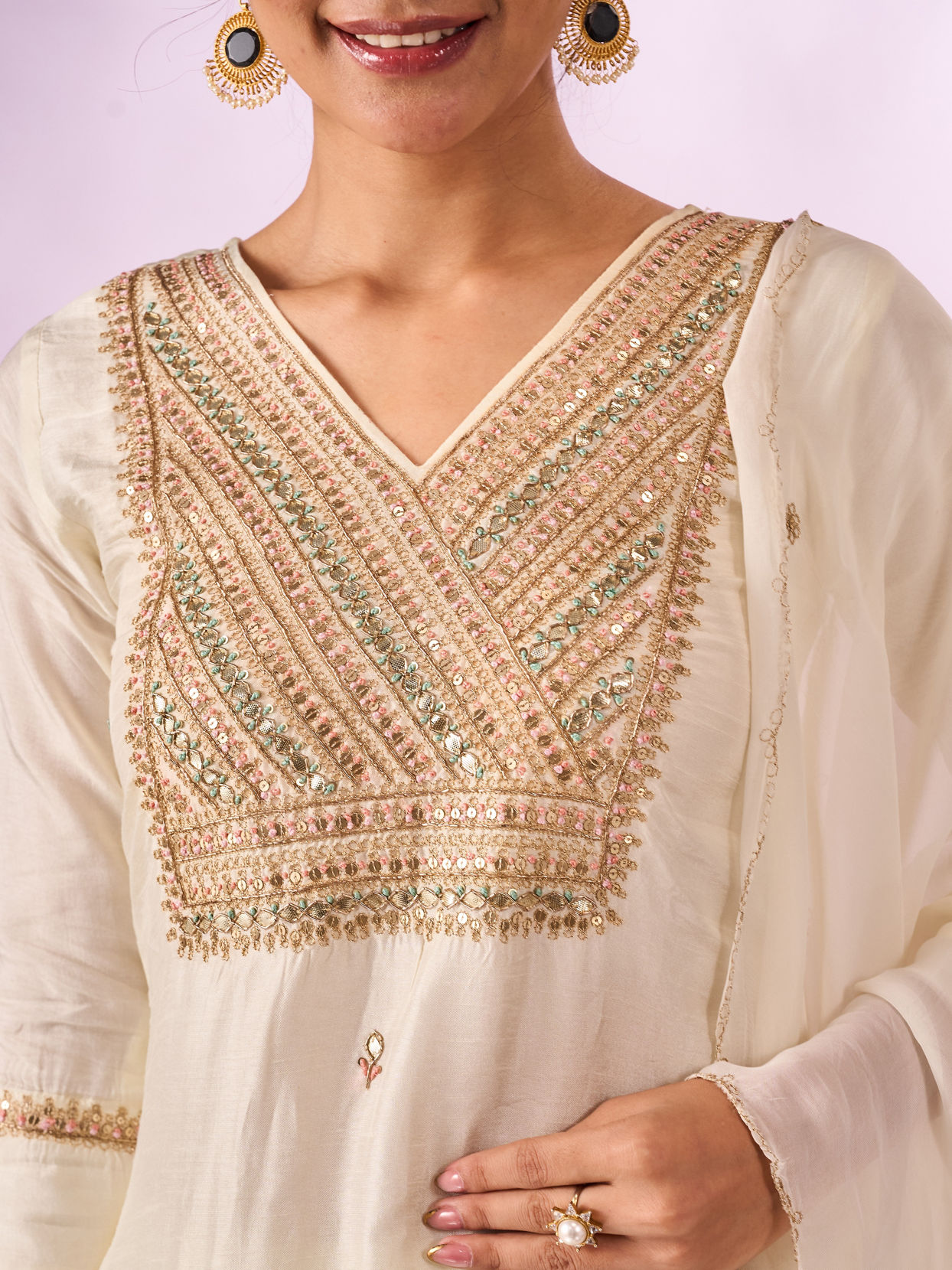 Mohey Women Cream Silk Stitched Suit with Embroidery