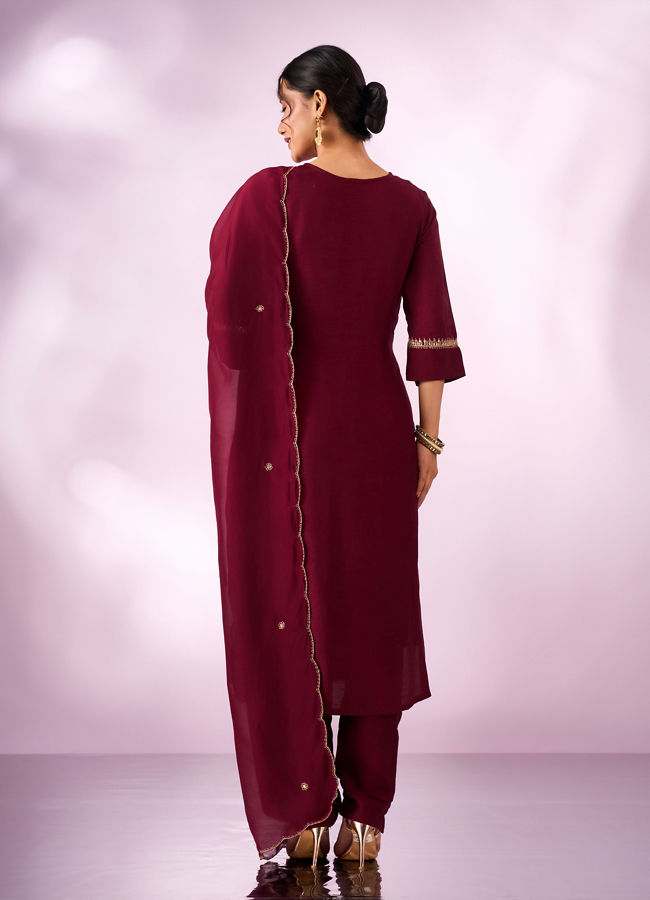 Mohey Women Maroon Silk Stitched Suit with Hand Embroidery