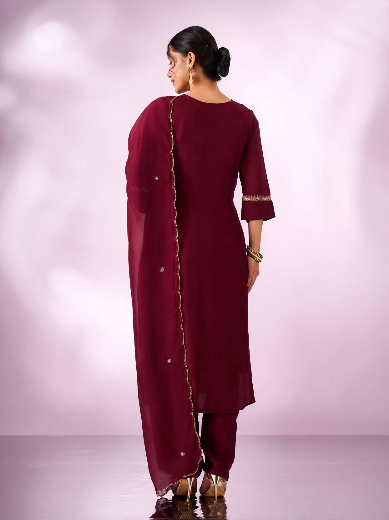 Mohey Women Maroon Silk Stitched Suit with Hand Embroidery