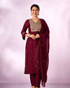 Mohey Women Maroon Silk Stitched Suit with Hand Embroidery