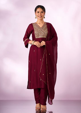 Mohey Women Maroon Silk Stitched Suit with Hand Embroidery