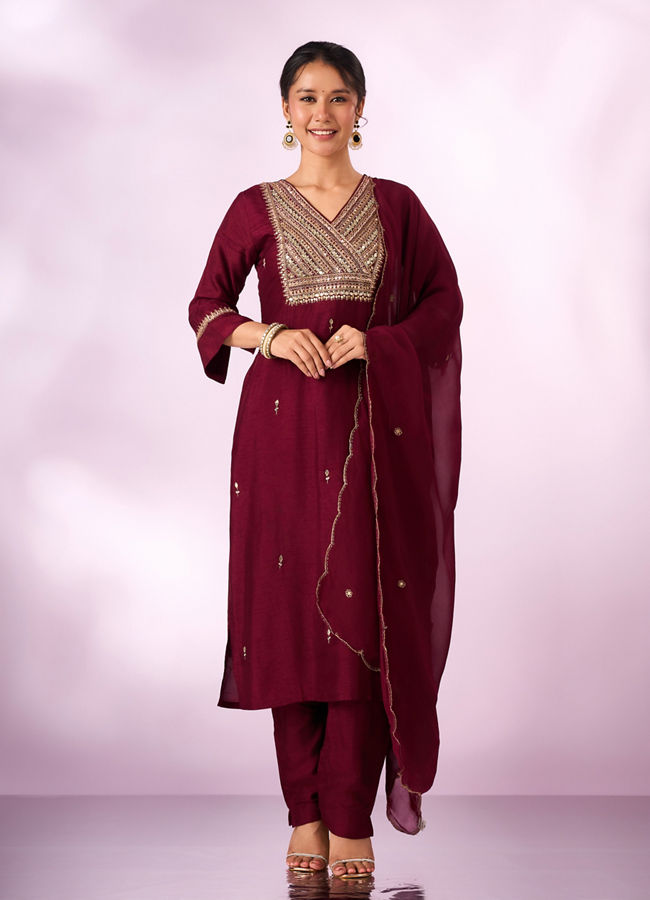 Mohey Women Maroon Silk Stitched Suit with Hand Embroidery