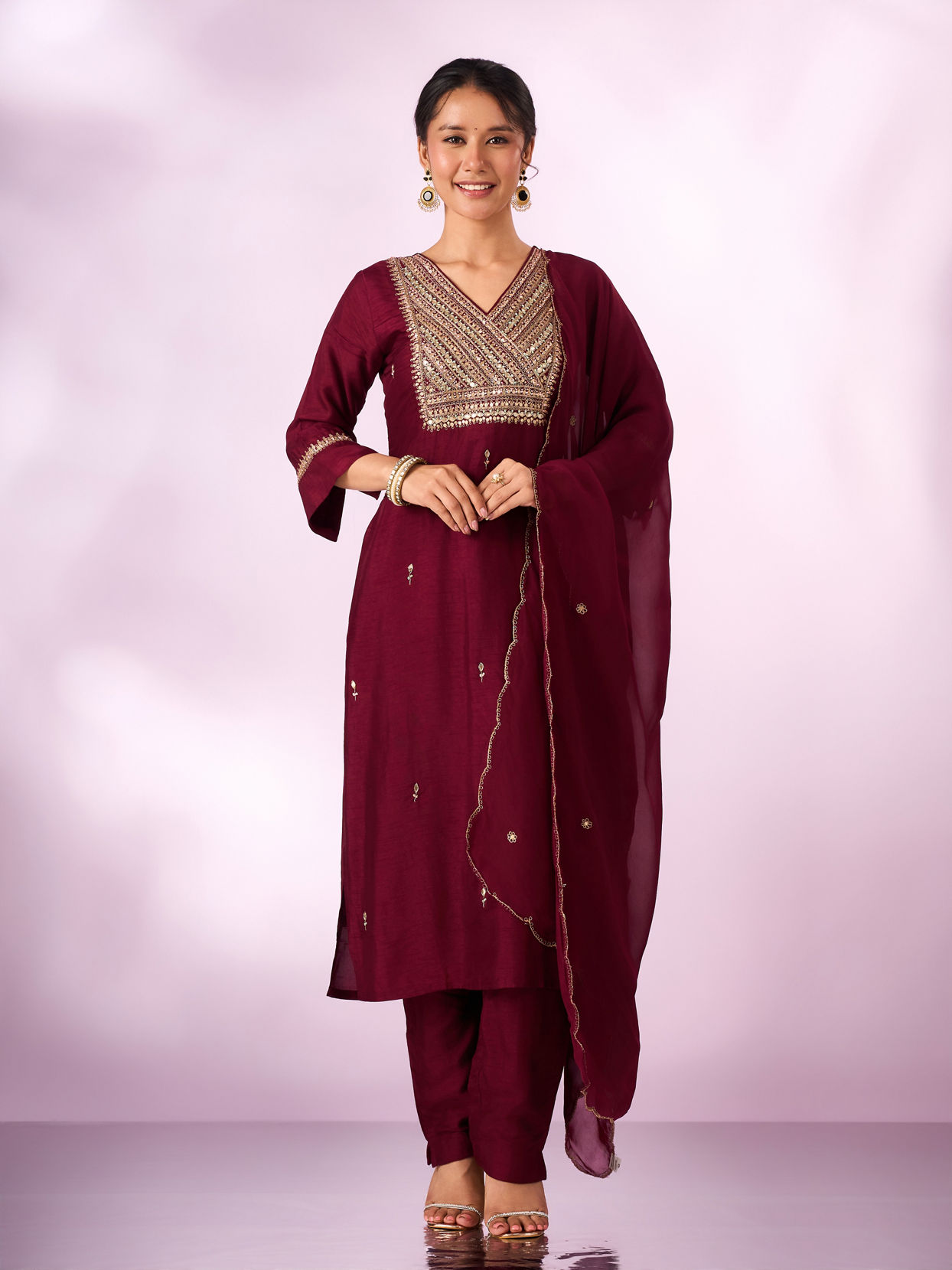 Mohey Women Maroon Silk Stitched Suit with Hand Embroidery