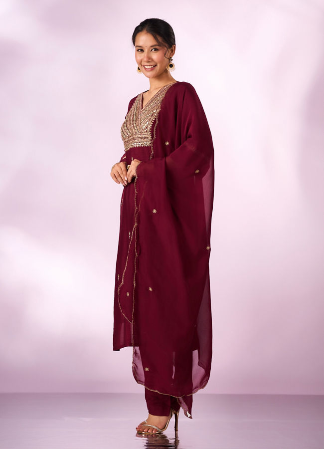 Mohey Women Maroon Silk Stitched Suit with Hand Embroidery