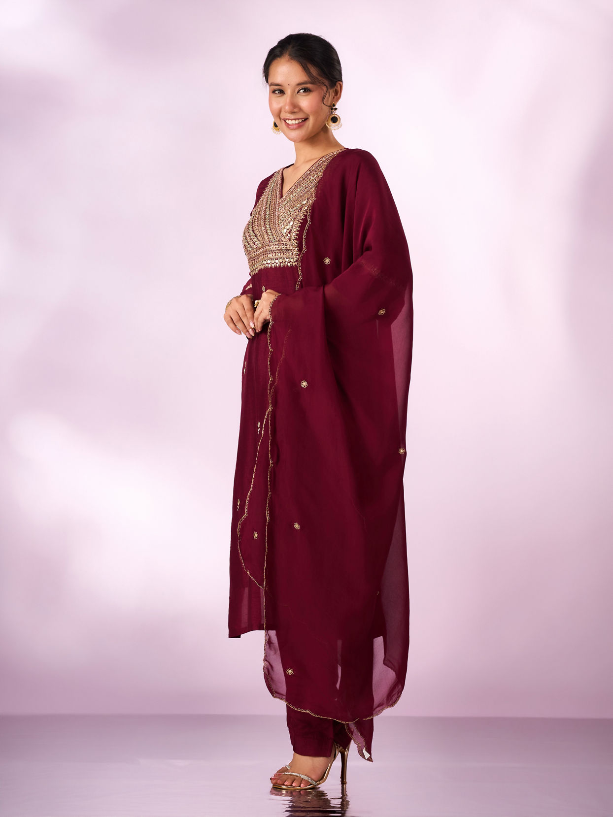 Mohey Women Maroon Silk Stitched Suit with Hand Embroidery