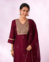 Mohey Women Maroon Silk Stitched Suit with Hand Embroidery