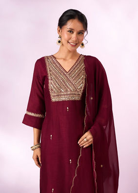 Mohey Women Maroon Silk Stitched Suit with Hand Embroidery