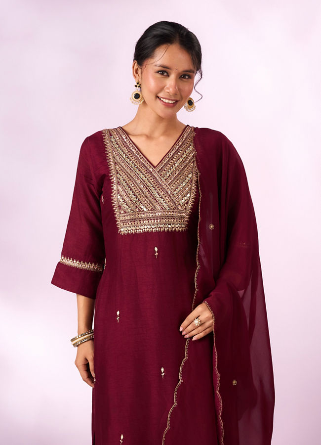 Mohey Women Maroon Silk Stitched Suit with Hand Embroidery