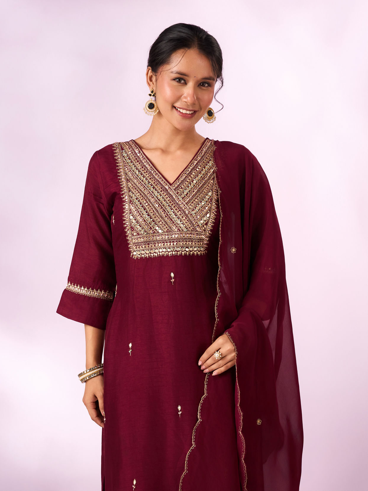 Mohey Women Maroon Silk Stitched Suit with Hand Embroidery