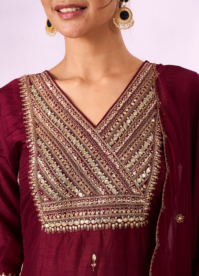 Mohey Women Maroon Silk Stitched Suit with Hand Embroidery