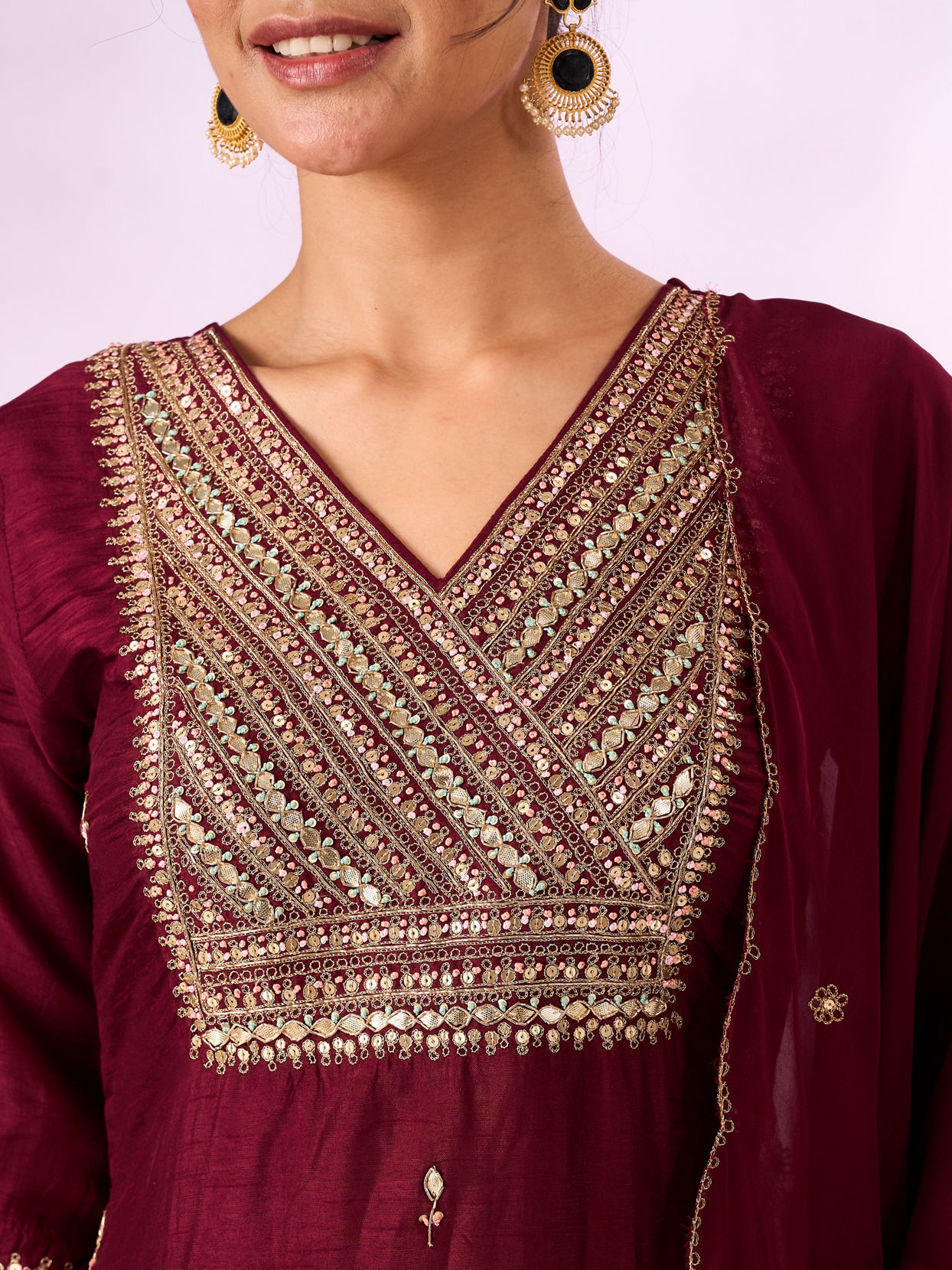 Mohey Women Maroon Silk Stitched Suit with Hand Embroidery